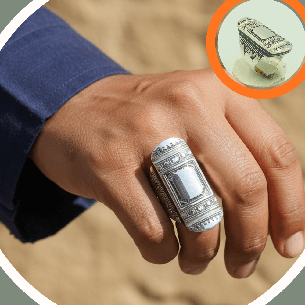 Bague pour homme en argent 925, ornée de bois, fabriquée à la main à Tiznit.
